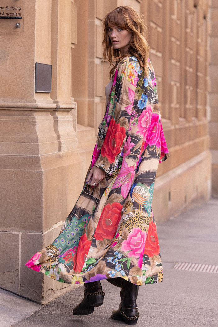 Valley of the Dolls Duster in Jewel, front view flat lay showing allover floral print and wide sleeves on neutral background