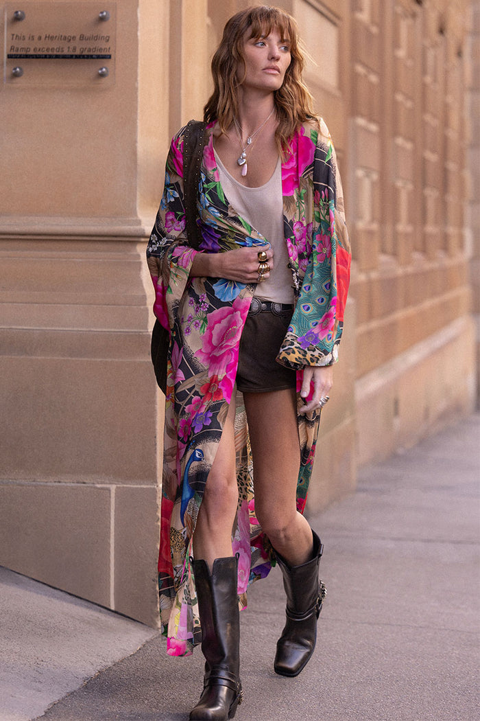 Valley of the Dolls Duster in Jewel, front view, allover floral and peacock print on ECOVERO viscose