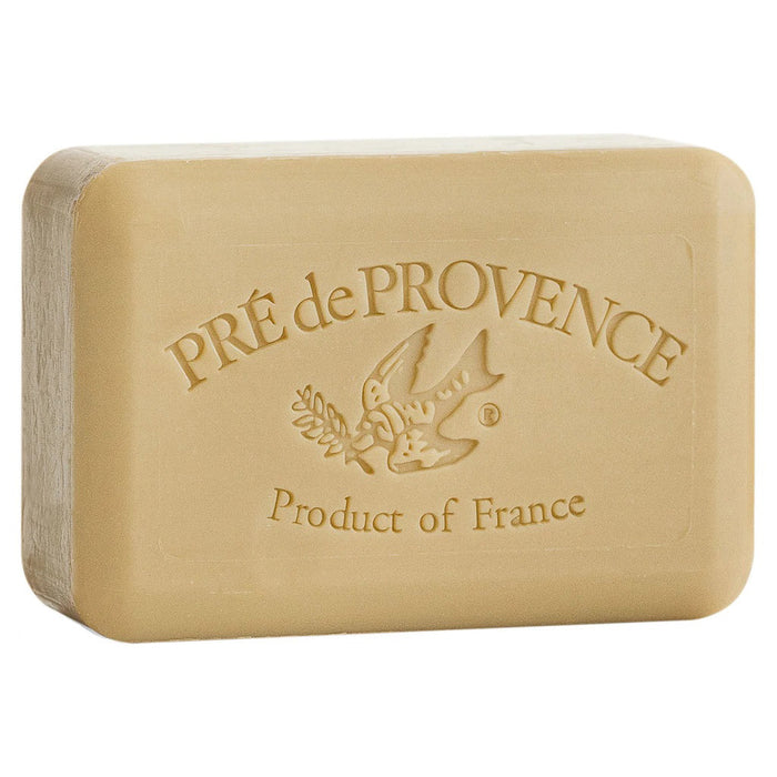 A beige rectangular VERBENA BAR SOAP 250G by EUROPEAN SOAPS, LLC, French-milled with “PRÉ de PROVENCE,” “Product of France,” and a bird carrying a branch embossed on the bar.