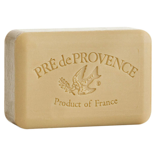 A beige rectangular VERBENA BAR SOAP 250G by EUROPEAN SOAPS, LLC, French-milled with “PRÉ de PROVENCE,” “Product of France,” and a bird carrying a branch embossed on the bar.