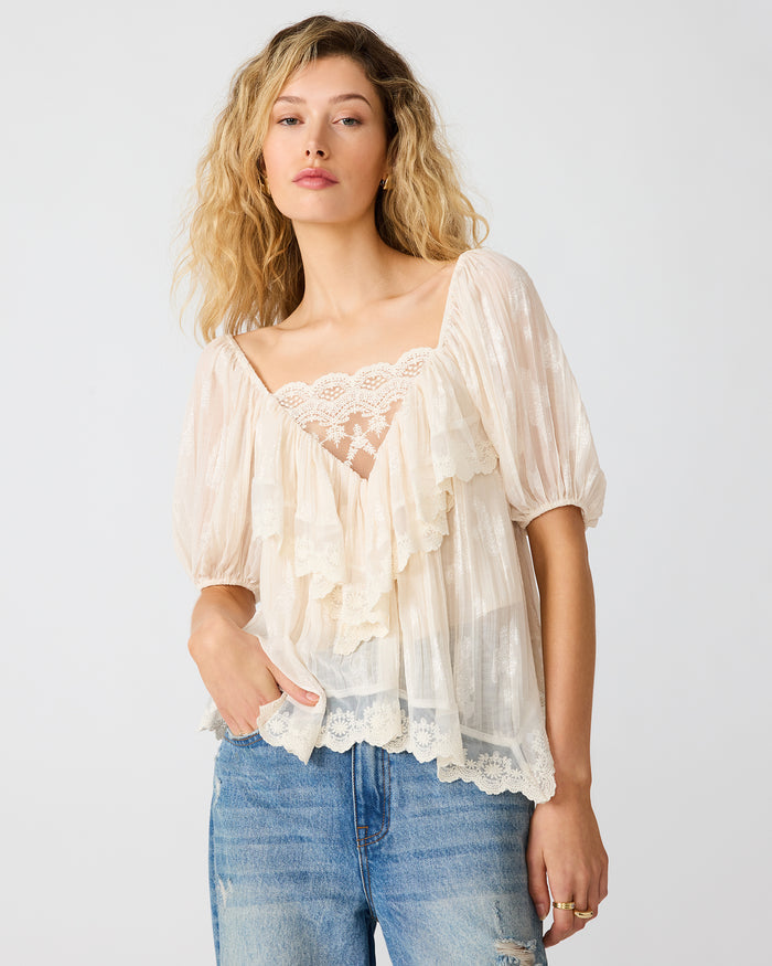 VICKIE Cream Tiered Ruffle Lace Women's Top | Steve Madden