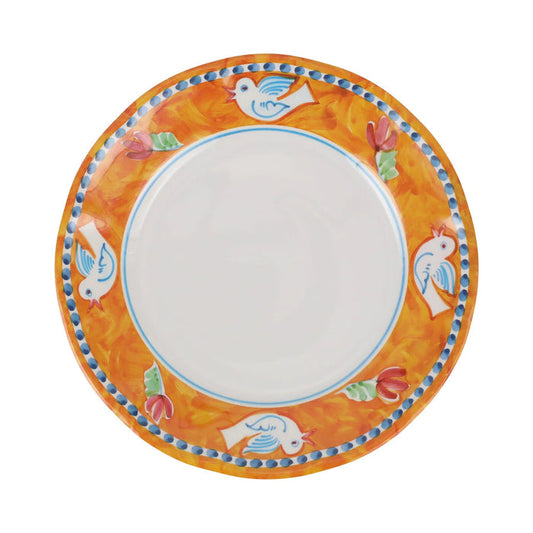 The VIETRI Melamine Campagna Dinner Plate features a round white center, an orange border with blue and white birds, red tulips, and green leaves—ideal for al fresco dining.