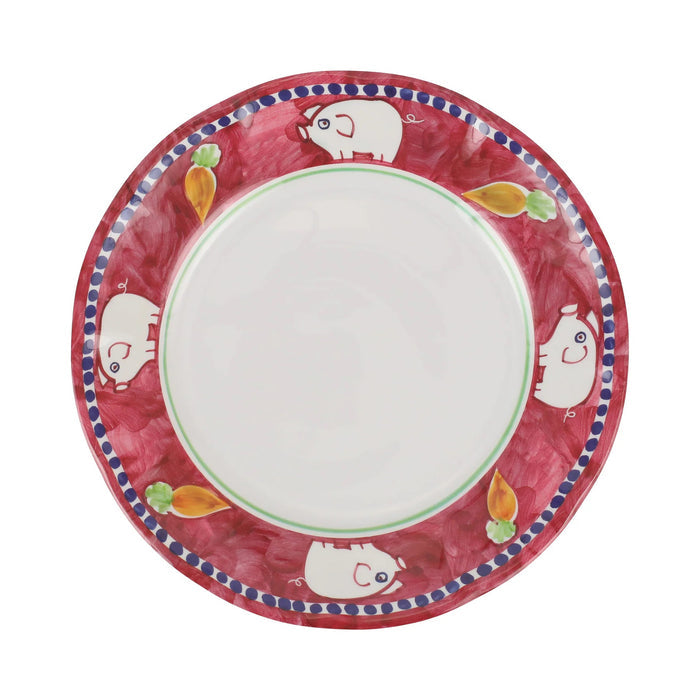The VIETRI Melamine Campagna Dinner Plate features a round white center, an orange border with blue and white birds, red tulips, and green leaves—ideal for al fresco dining.