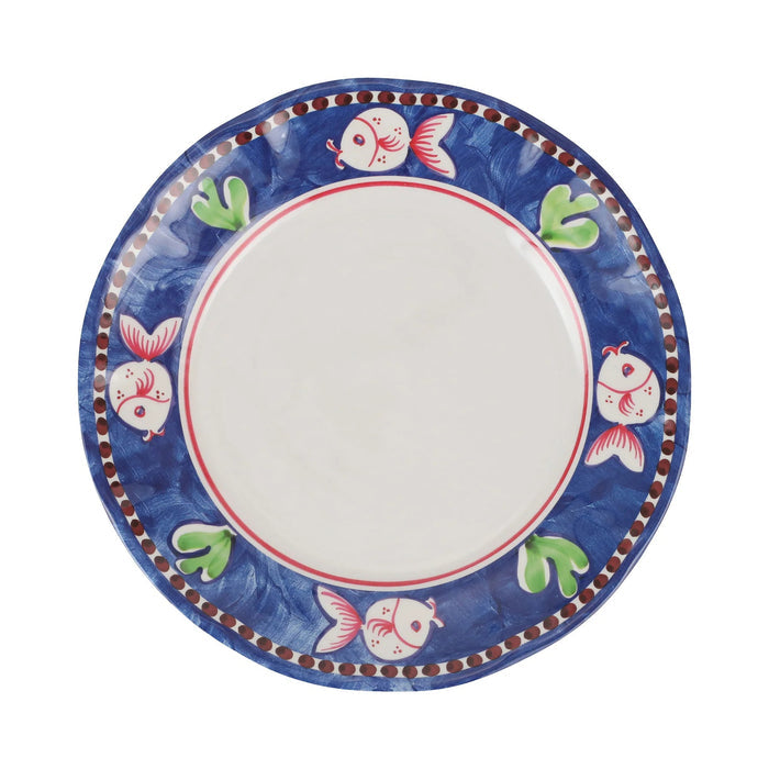 The VIETRI Melamine Campagna Dinner Plate features a round white center, an orange border with blue and white birds, red tulips, and green leaves—ideal for al fresco dining.