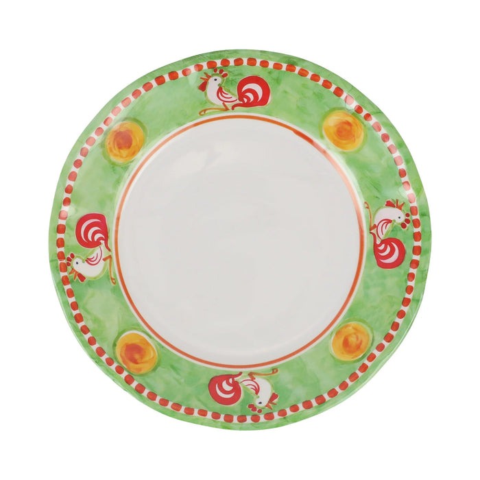 The VIETRI Melamine Campagna Dinner Plate features a round white center, an orange border with blue and white birds, red tulips, and green leaves—ideal for al fresco dining.
