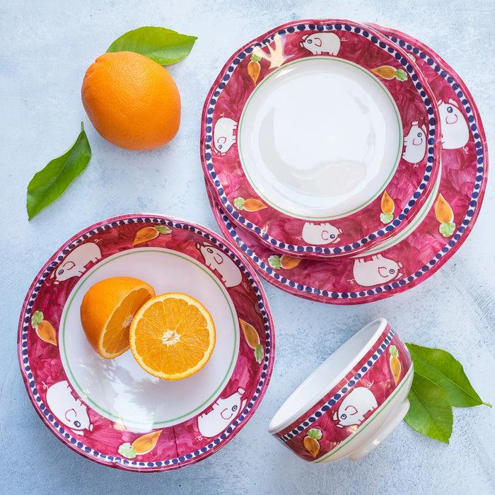 The VIETRI Melamine Campagna Dinner Plate features a round white center, an orange border with blue and white birds, red tulips, and green leaves—ideal for al fresco dining.