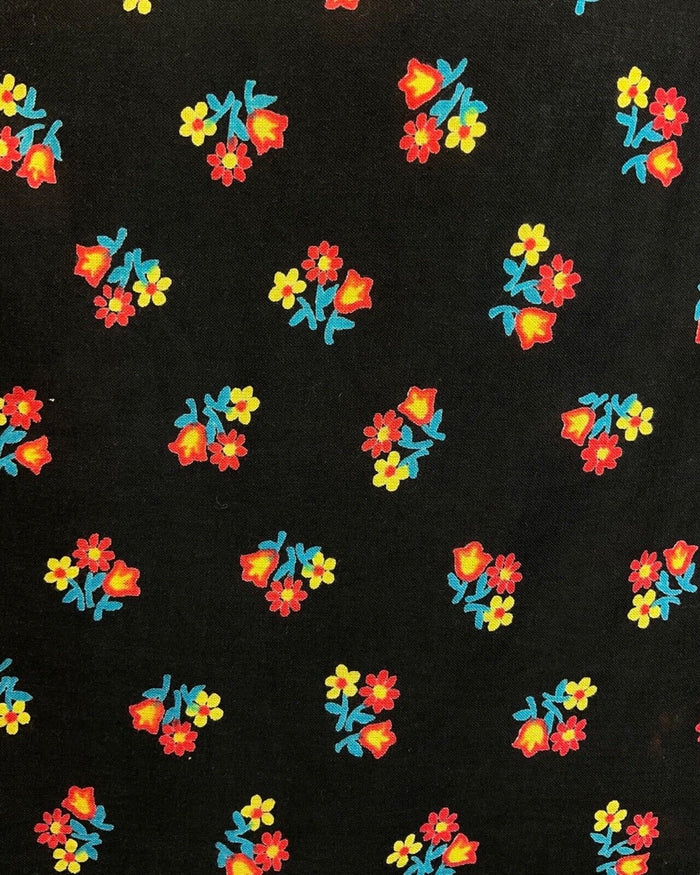VINTAGE 60s 70s BLACK RED YELLOW FLORAL DAISY DITSY MOD DAGGER SHIRT 10 12
