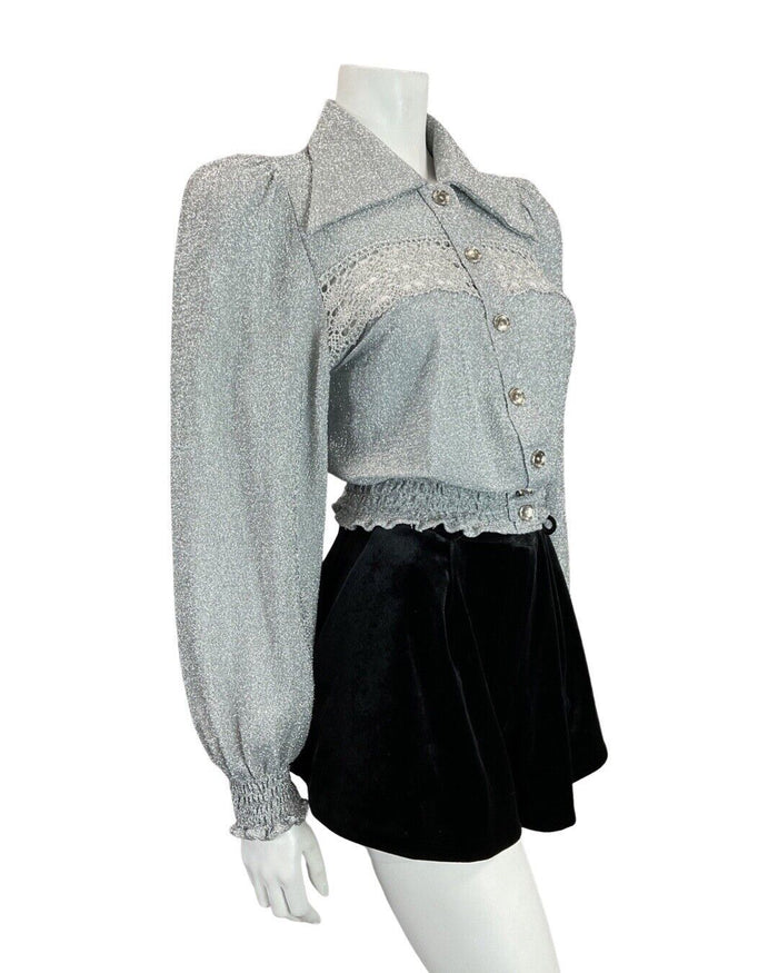VINTAGE 60s 70s METALLIC SILVER FLORAL LACE STUDIO 54 DISCO DAGGER SHIRT 8 10