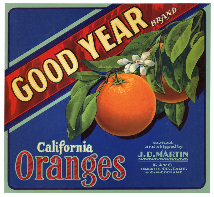 Vintage, Unused GOOD YEAR Orange Fruit Crate Label || Rayo, Tulare Co., Ca.
