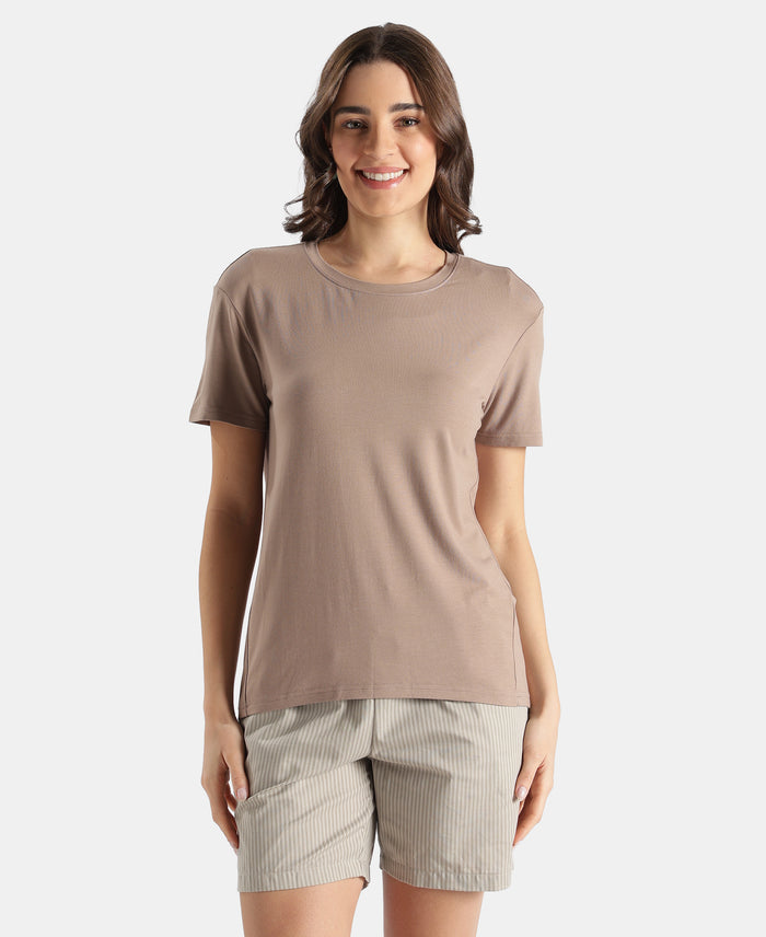 Viscose Elastane Stretch Fabric Relaxed Fit Drop Shoulder Styled T-Shirt - Taupe Grey