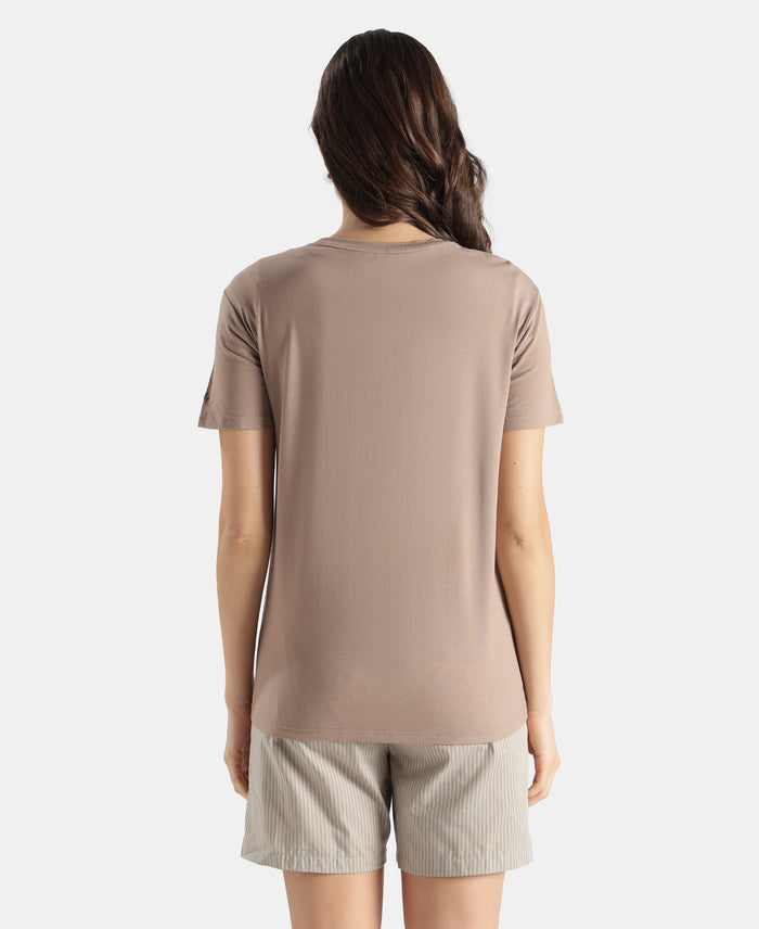 Viscose Elastane Stretch Fabric Relaxed Fit Drop Shoulder Styled T-Shirt - Taupe Grey