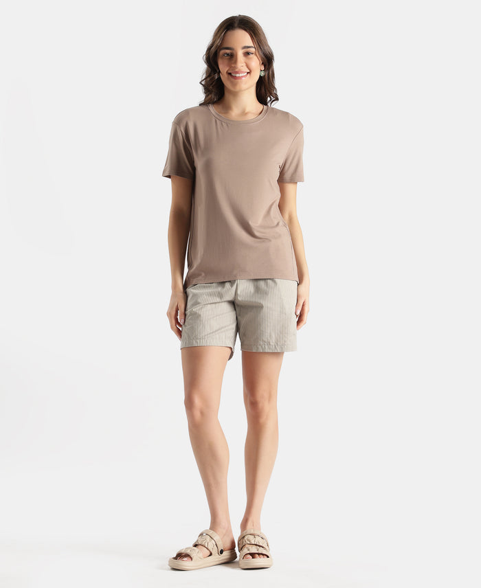 Viscose Elastane Stretch Fabric Relaxed Fit Drop Shoulder Styled T-Shirt - Taupe Grey