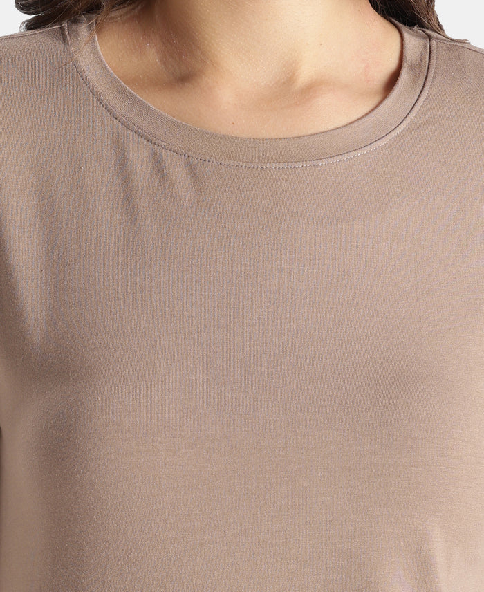 Viscose Elastane Stretch Fabric Relaxed Fit Drop Shoulder Styled T-Shirt - Taupe Grey