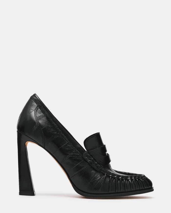 WALLACE Black Eel Penny Loafer-Inspired Scrunched Women's Heel | Steve Madden