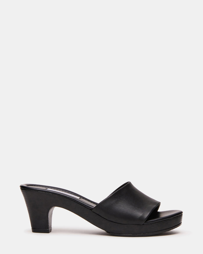 WEYRA Black Leather Mule Wood Bottom Women's Sandal | Steve Madden