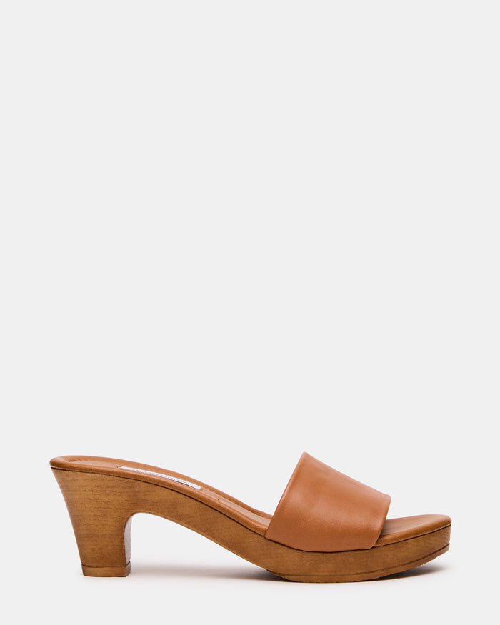 WEYRA Tan Leather Mule Wood Bottom Women's Sandal | Steve Madden
