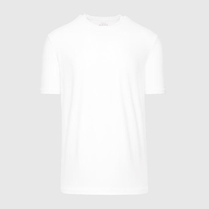 White Active Crew Neck Tee, plain front view, short sleeves, classic fit.