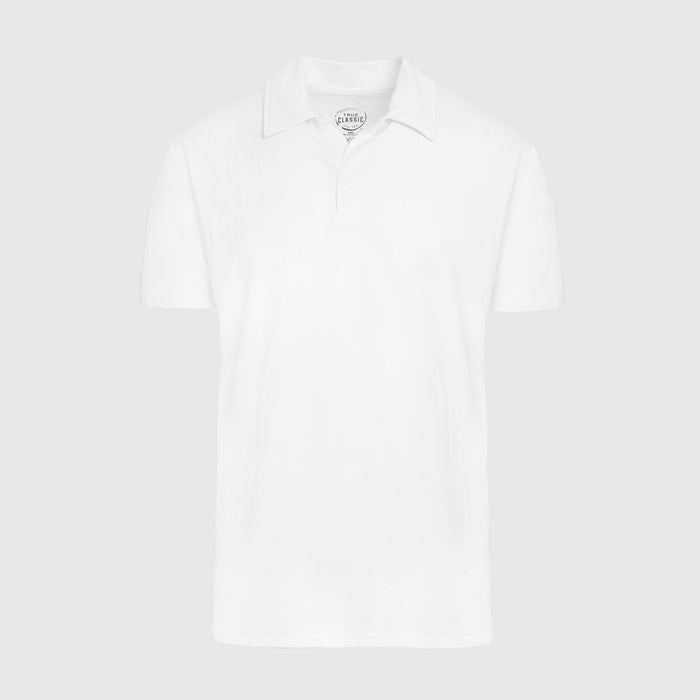 White Classic Polo with three-button placket and pointed collar.