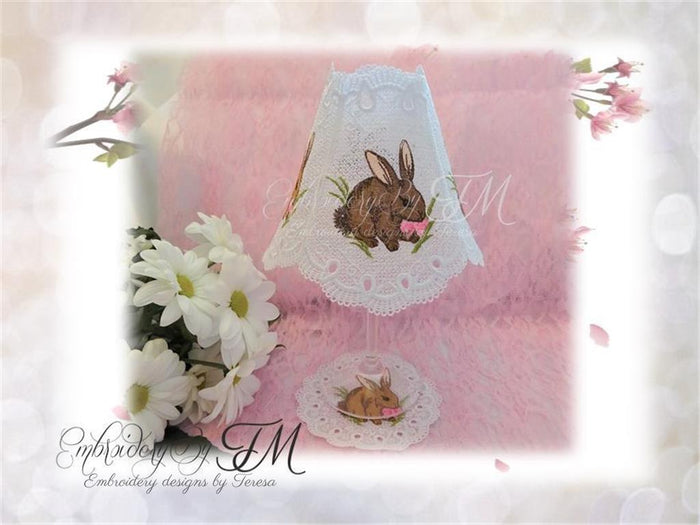 Wine glass shades with rabbit + coaster