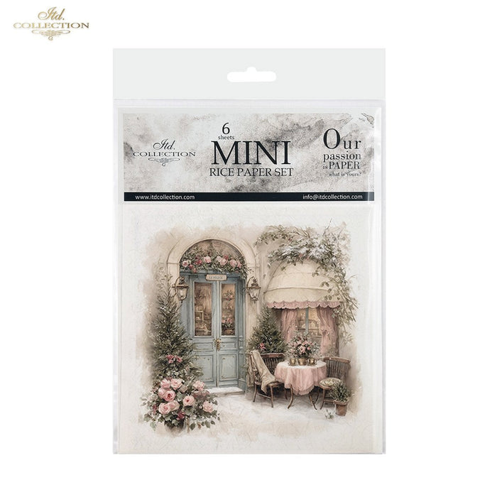 A packaged set of six mini rice papers from the 'Our Passion Paper' collection by 'Ald Collection'. The packaging features a vintage illustration of a romantic outdoor cafe scene with a blue door, pink roses, and a table with a pink tablecloth.