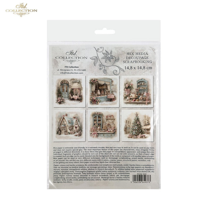 A packaged craft paper sheet from the 'Mel Collection' featuring six vintage-style winter house and Christmas tree illustrations. The sheet is sealed in a clear plastic hanging bag with printed product details, including dimensions (14.