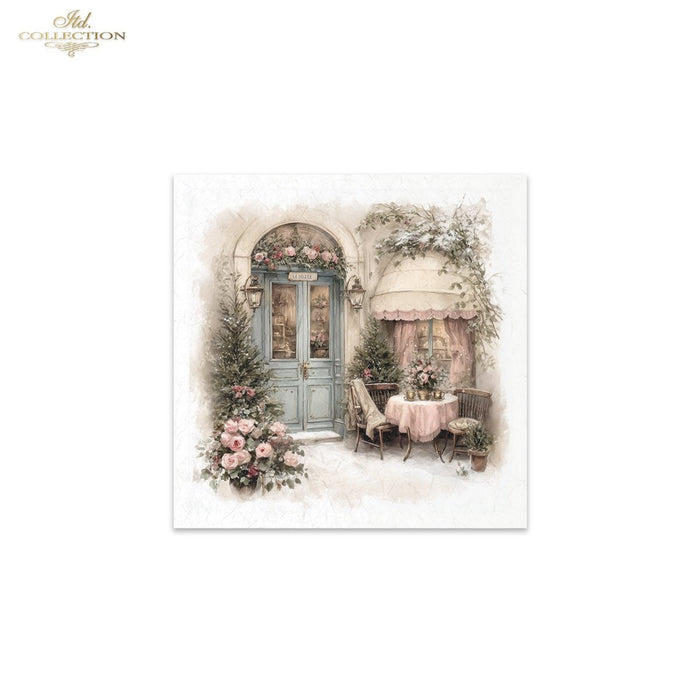 A square art print featuring a vintage, romantic outdoor cafe scene with a blue door, pink roses, and a small table under a pink awning, shown on a white background with 'Ash Collection' branding in the top left corner.