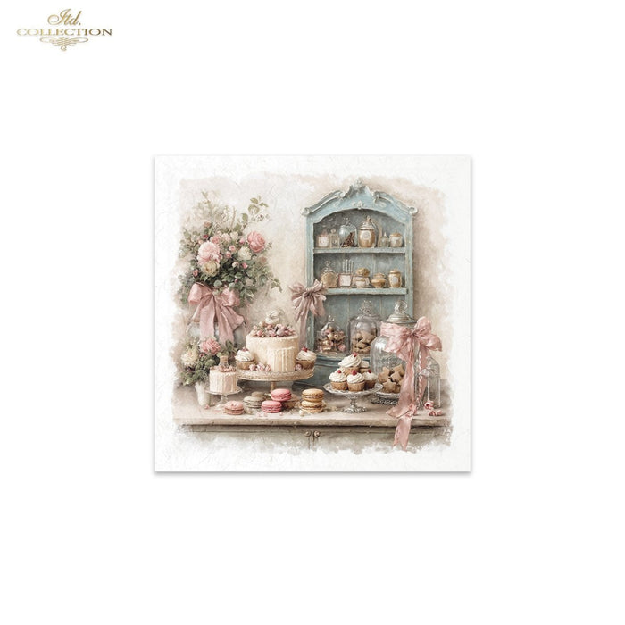 A square decorative print or card featuring a vintage-style dessert table scene with pink roses, macarons, jars, and a blue cabinet, centered on a white background. The top-left corner of the image shows the text 'Ash Collection' as a brand mark.