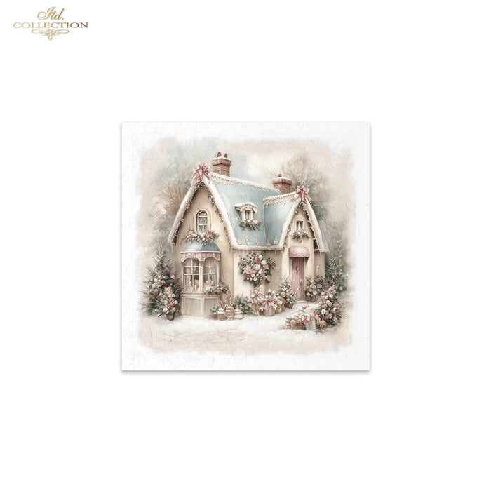 A square decorative print or card featuring a whimsical winter cottage illustration in soft pastel tones, with floral details and snow around the house. The artwork is centered on a white background, and the text 'Ash Collection' appears in the top left corner.