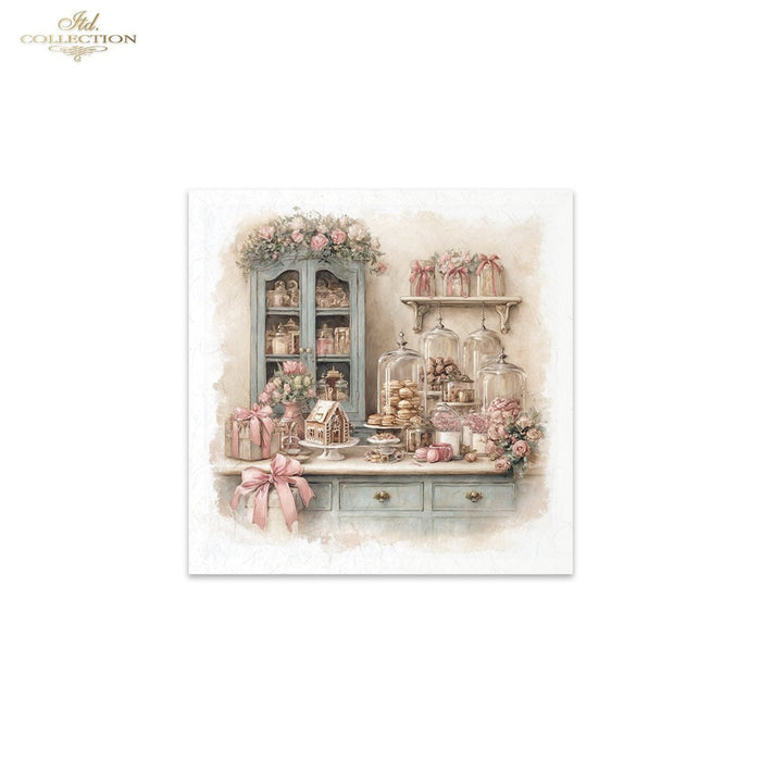 A square decorative print or card featuring a vintage bakery interior scene with a blue cabinet, floral arrangements, glass domes, pastries, and pink ribbons, centered on a white background. The text 'Ash Collection' appears in the top-left corner.