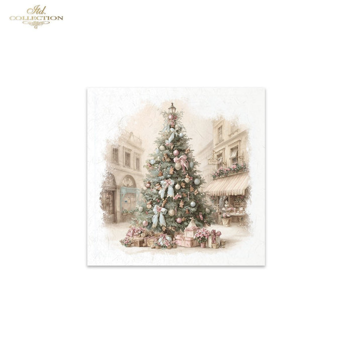 A square decorative print or card featuring a vintage-style illustration of a decorated Christmas tree in a softly lit street scene, with gift boxes at the base. The artwork is centered on a white background, with a small 'Ash Collection' logo in the top-left corner.