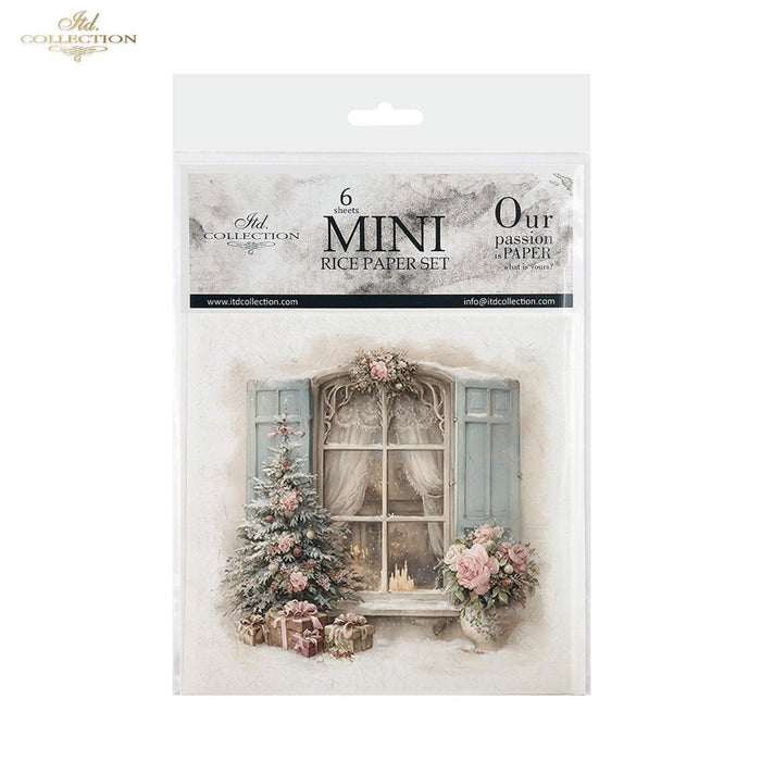 A packaged set of six mini rice papers by ITD Collection, featuring a vintage Christmas window illustration with a decorated tree, flowers, and gifts.