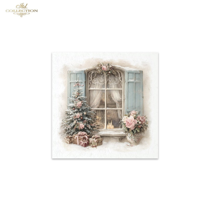 A square decorative print or card from ITD Collection featuring a vintage winter window scene with blue shutters, pink flowers, a small decorated tree, wrapped gifts, and a candle, centered on a white background.