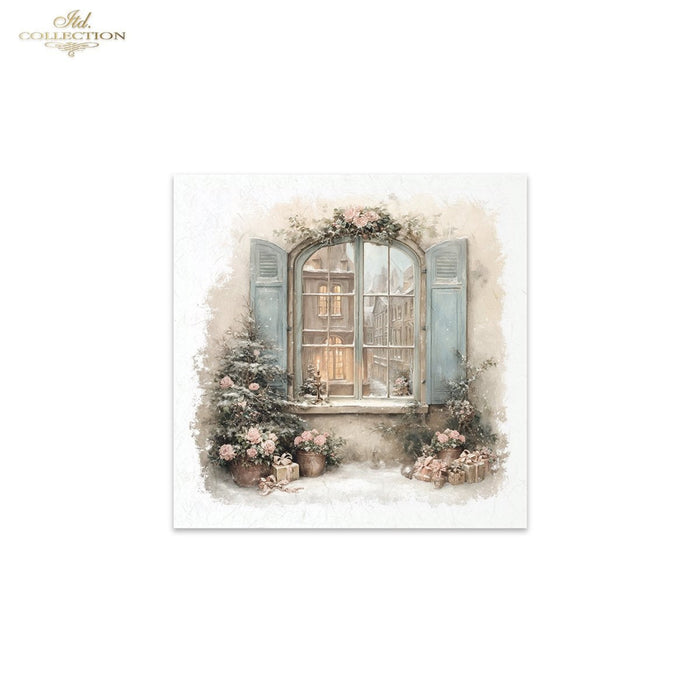 A square art print featuring a watercolor-style illustration of a snowy window with blue shutters, floral garlands, and potted plants, shown on a white background with a small 'ITD Collection' logo in the top-left corner.