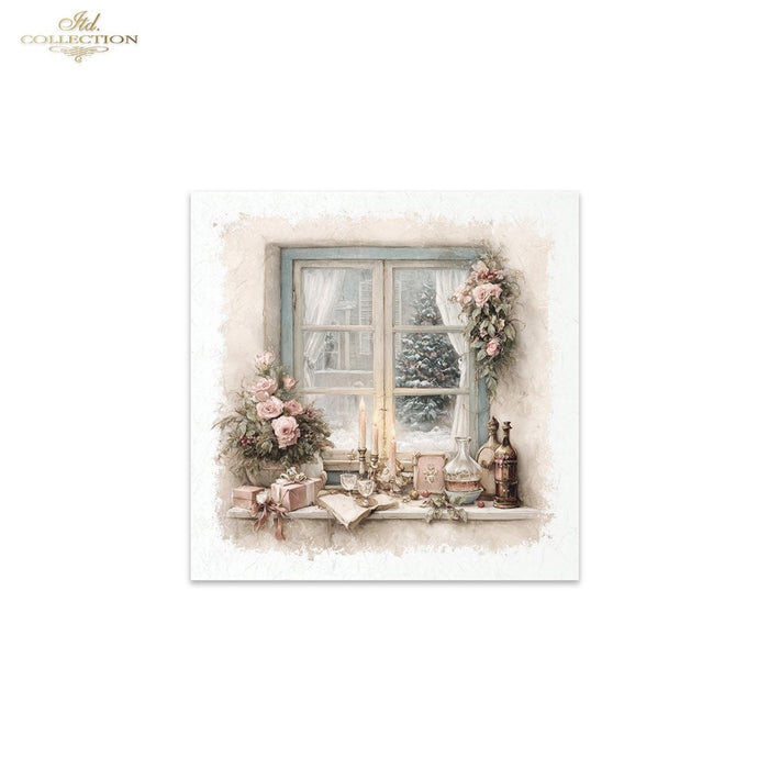 A square art print featuring a vintage-style illustration of a window with flowers, candles, and holiday decorations, shown on a white background with a 'ITD Collection' logo in the top-left corner.