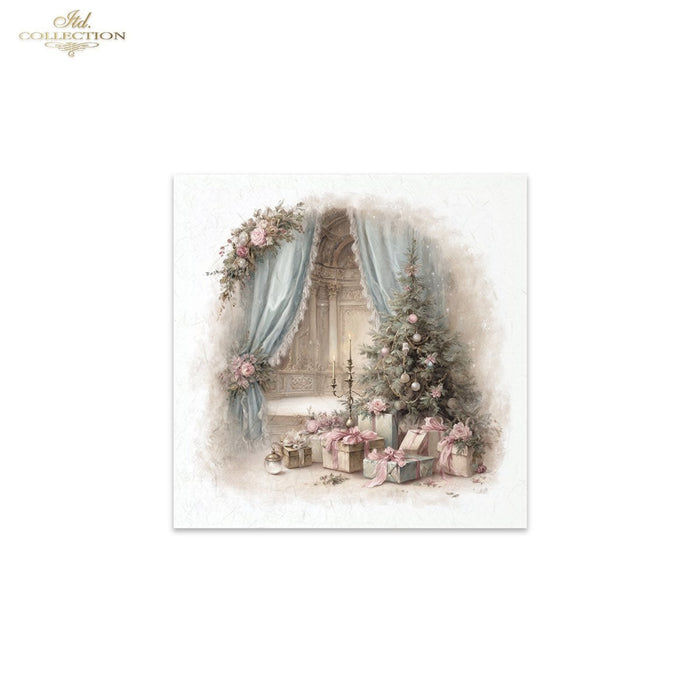 A square decorative print or card featuring a vintage holiday scene with a decorated Christmas tree, pink ribbons, wrapped gifts, and soft blue-gray curtains framing an arched doorway. The artwork is shown centered on a white background, with a small 'ITD Collection' logo in the top-left corner.
