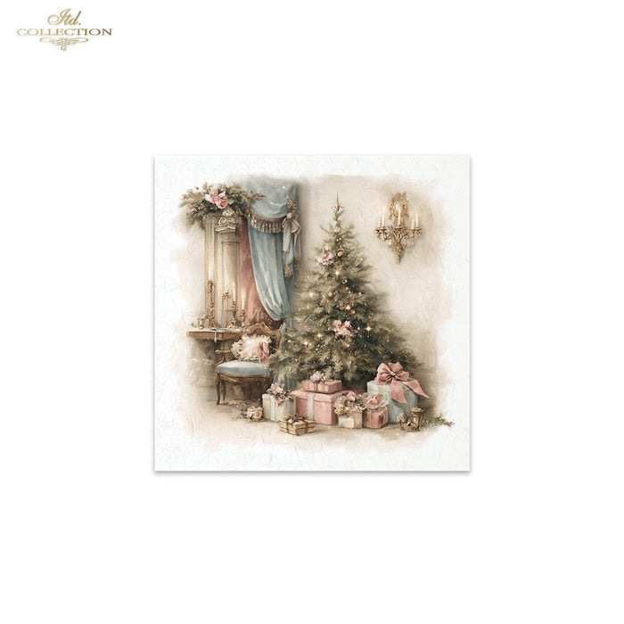 A square decorative print or card from the ITD Collection featuring a vintage Christmas scene with a decorated tree, wrapped gifts, draped curtains, and a chandelier, shown on a white background.