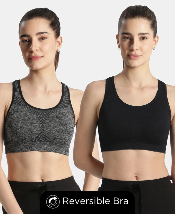 Wirefree Non Padded Micro Touch Nylon Elastane Full Coverage Reversible Active Bra With StayFresh Treatment - Black Melange