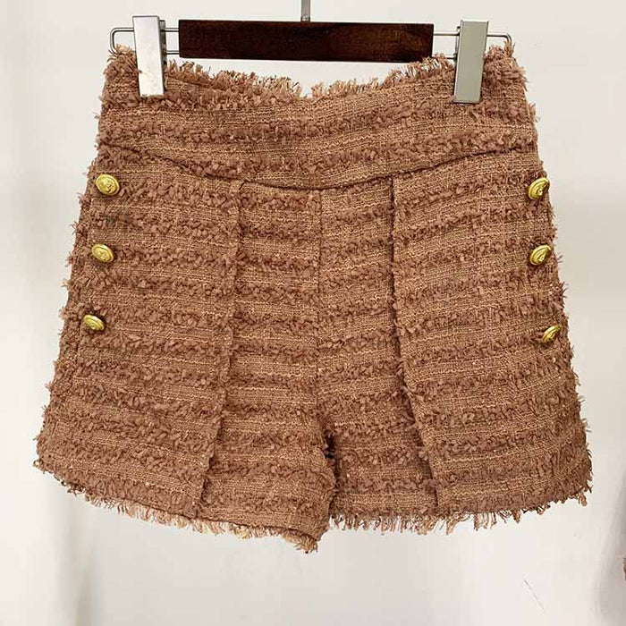 Women Camel Tweed Golden Buttons Fitted Blazer + Mid- Waist Shorts Suit / Wedding Suit, Birthday Party Set