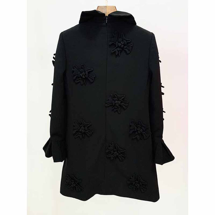Women Hand Made 3D Flowers Flare High Neck and Cuffs Mini Dress Hot Pink / Black