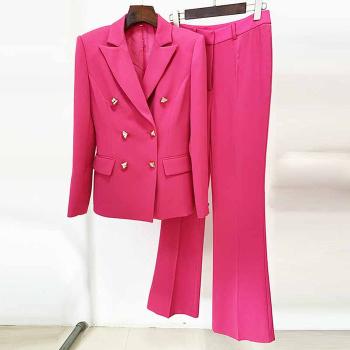 Women Hot Pink Double Breasts Blazer + Mid-High Rise Flare Trousers Suit Pantsuit Formal Suit