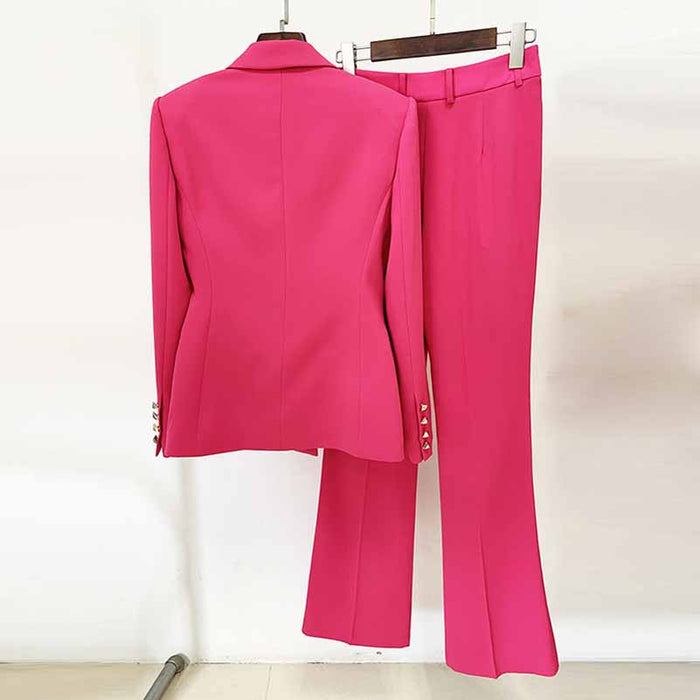 Women Hot Pink Double Breasts Blazer + Mid-High Rise Flare Trousers Suit Pantsuit Formal Suit