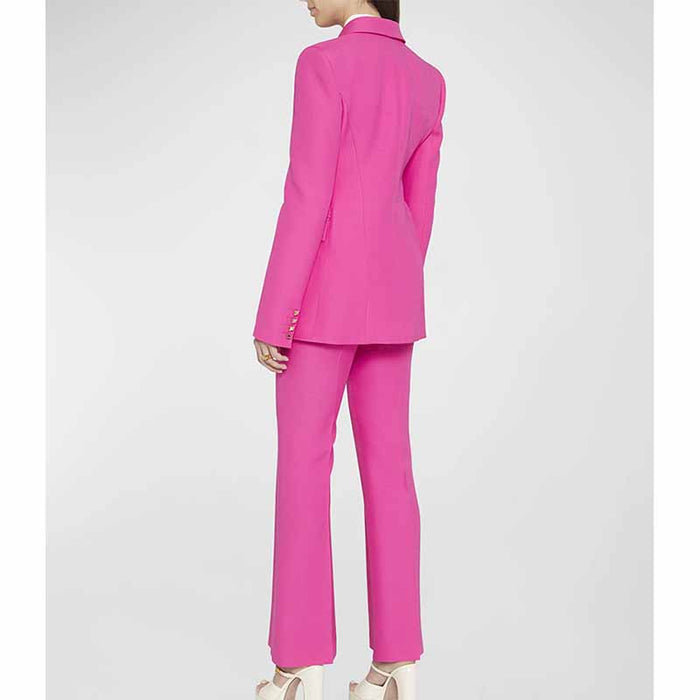 Women Hot Pink Double Breasts Blazer + Mid-High Rise Flare Trousers Suit Pantsuit Formal Suit
