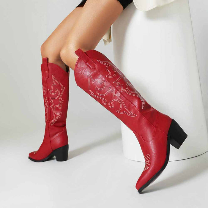 Women Knee High Western Boots Cowgirl Boots with Classic Embroidery