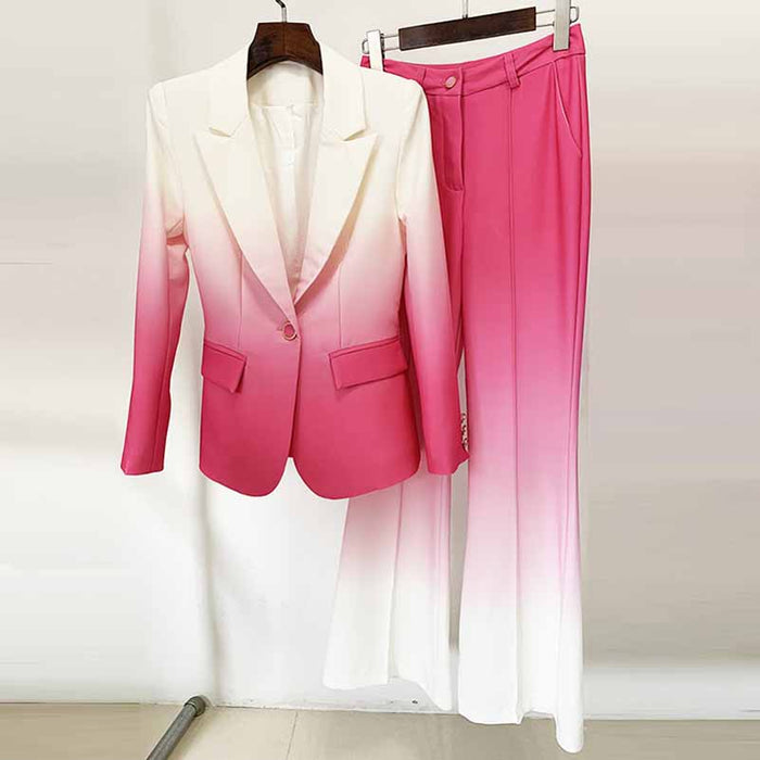 Women Luxury Gradient Ombre Blazer + Mid-High Rise Flare Trousers Suit Pants Suit