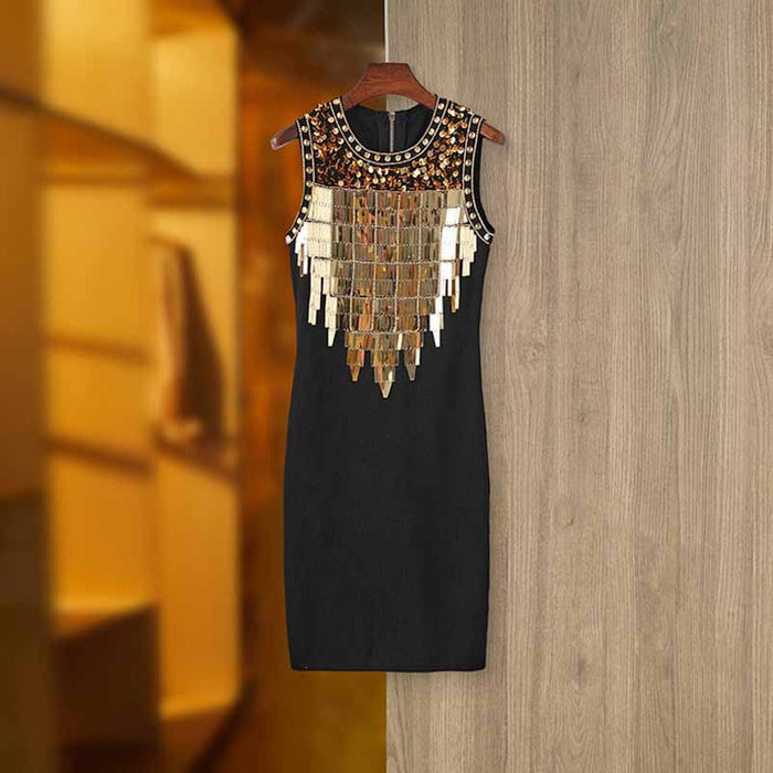 Women Sleeveless Beaded Bodycon Dress Evening Prom Gown Slim Fit Mini Dress