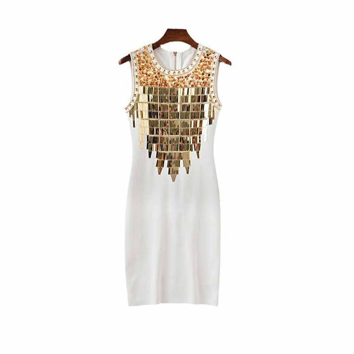 Women Sleeveless Beaded Bodycon Dress Evening Prom Gown Slim Fit Mini Dress