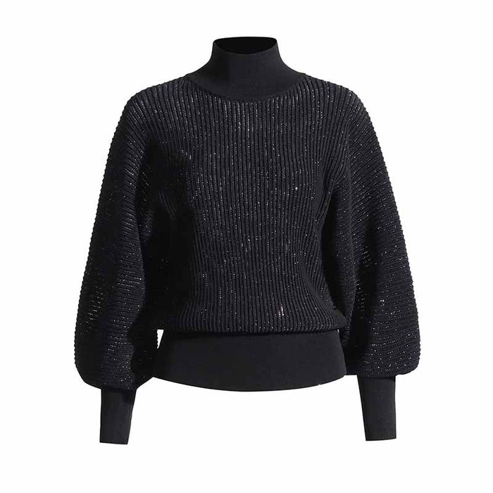 Women Stand Collar Lantern Sleeve Sweater