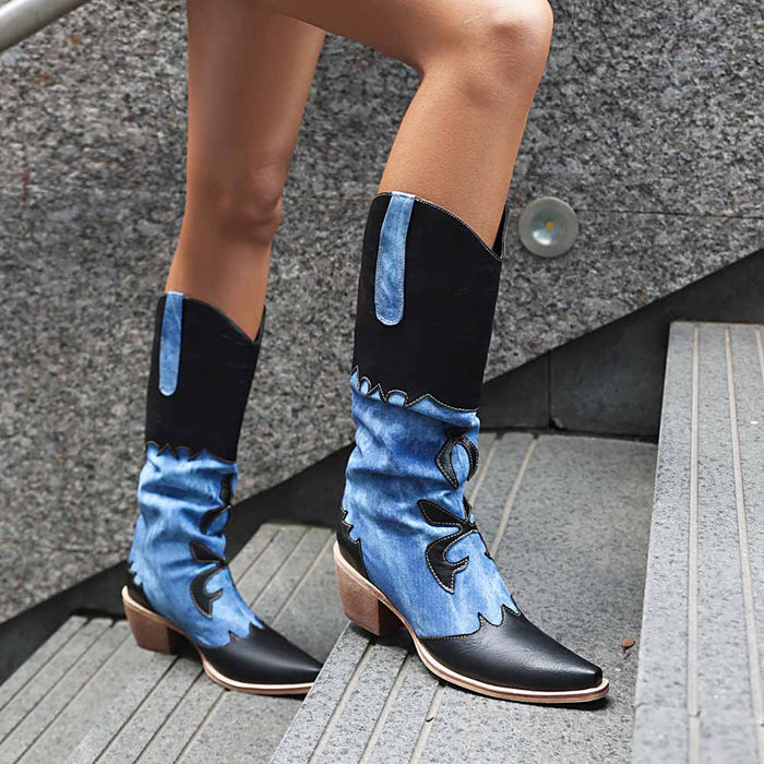 Women's Cowboy Boots Denim Colored Thick High Heel Western Boots
