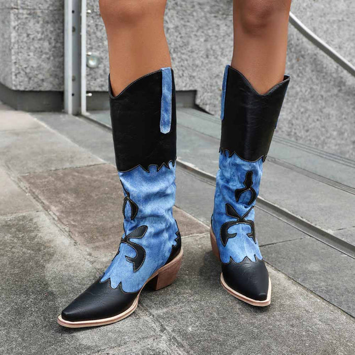 Women's Cowboy Boots Denim Colored Thick High Heel Western Boots