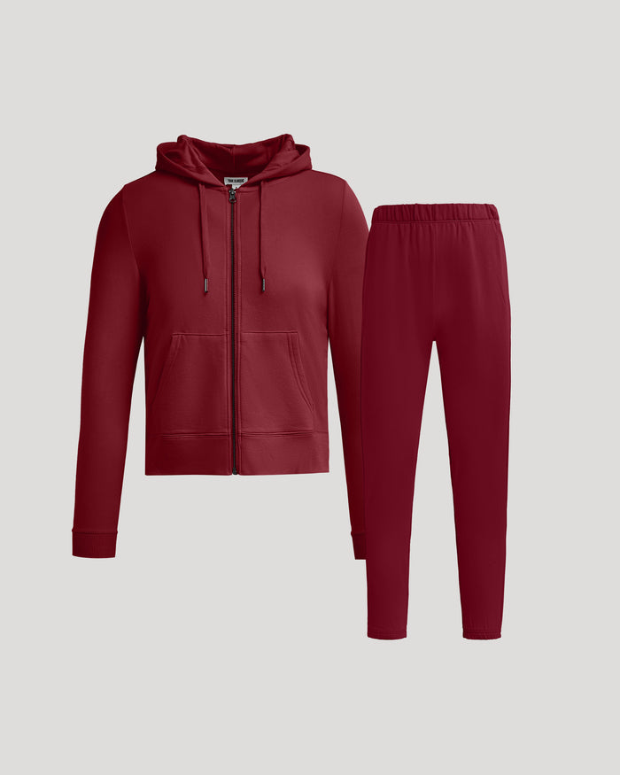Womens Dark Maroon Crop Zip Hoodie & Relaxed Jogger 2-Pack displayed.